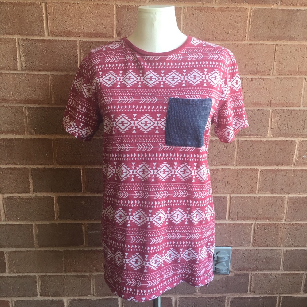 On the Byas Red Aztec Print T-Shirt with Contrast Pocket